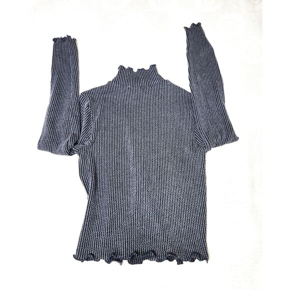 Vintage Ribbed Mock Neck Lettuce Hem Top XS Charcoal Gray Made in USA Y2K Knit - Picture 5 of 6